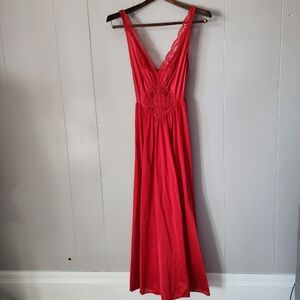 Vintage 70s 80s Olga Slip Dress Red Nylon Lace Gown Style 92150 Goddess Gown